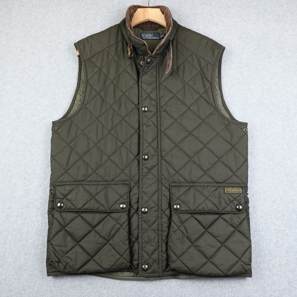 Polo Ralph Lauren Diamond Quilted Vest Corduroy Collar Olive Green Mens Medium